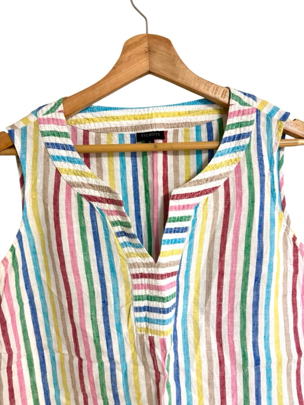 Talbots colorful rainbow striped sleeveless V neck Spring linen tank top size M - Picture 4 of 11